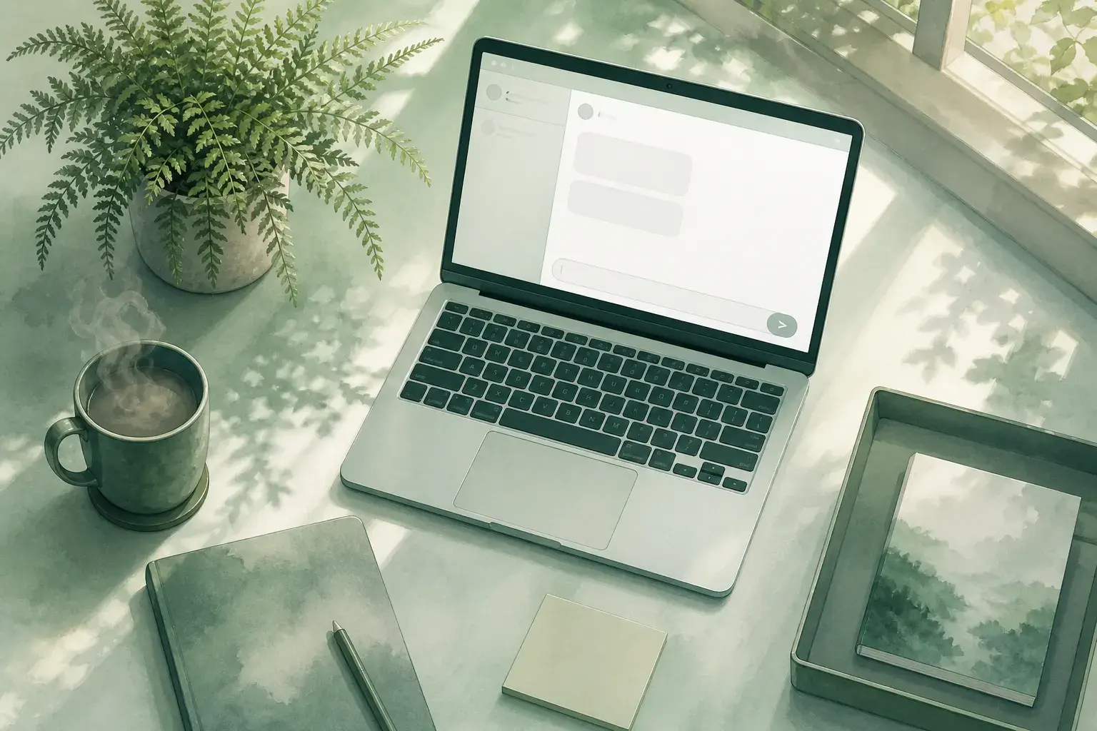 Rustige bureauhoek met laptop, plant en mok — drie stappen om een vriendelijk nee-bericht te maken
