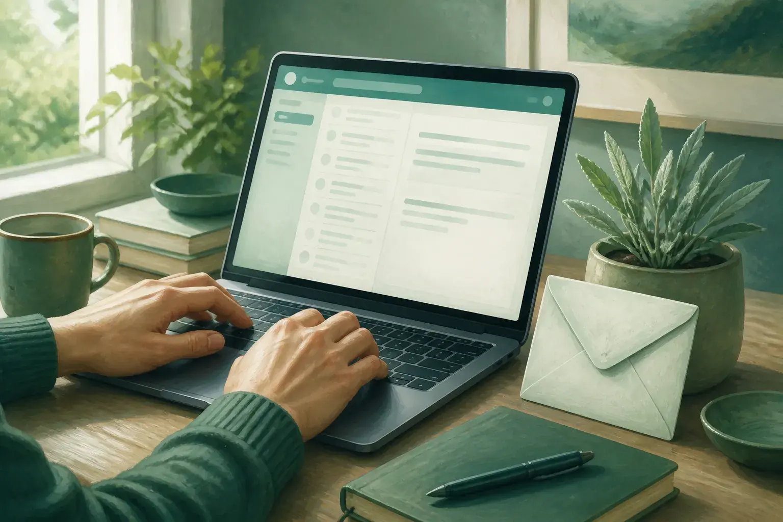 Laptop en envelop op een bureau — netjes nee zeggen in een mail