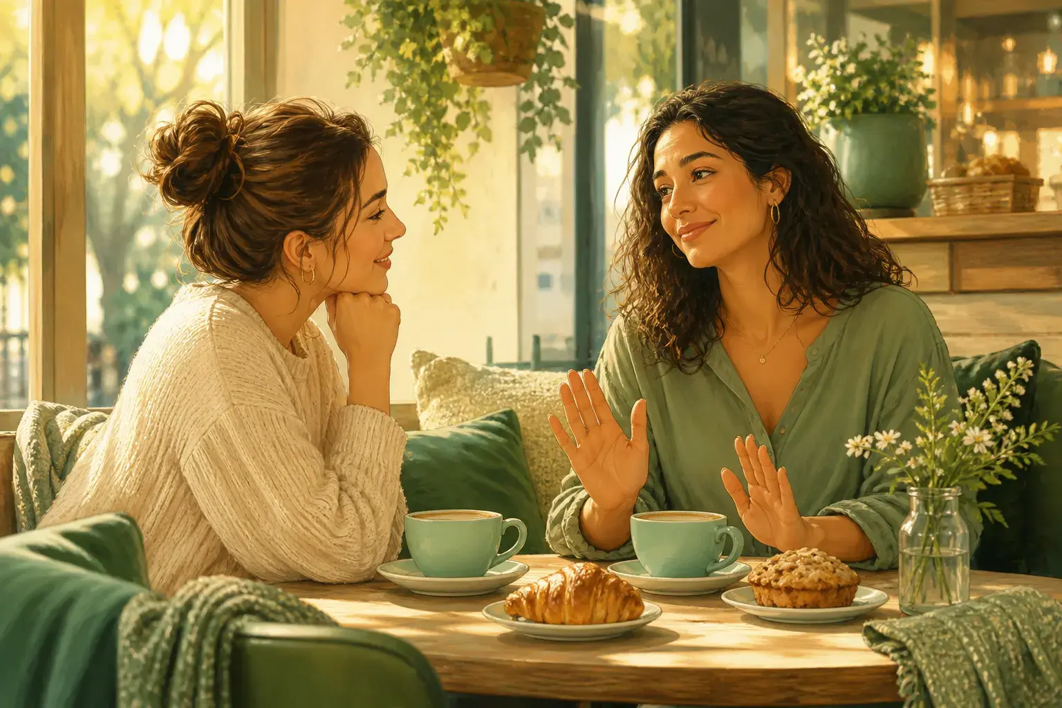 Twee vriendinnen in een café — vriendelijk nee zeggen tegen een uitnodiging