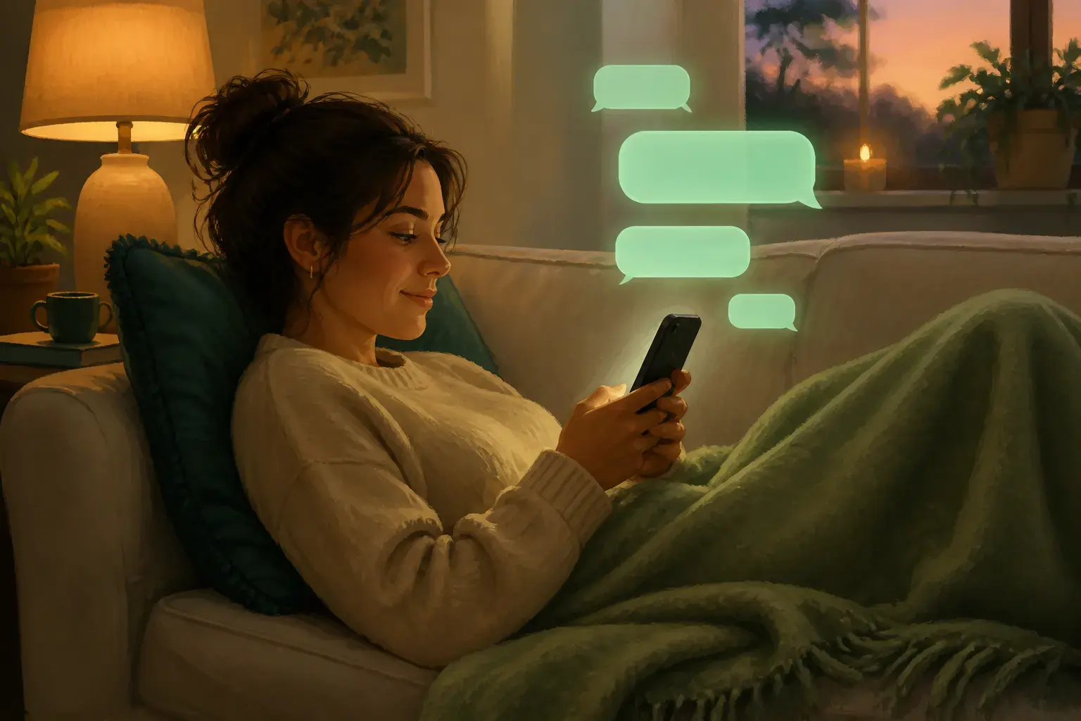 Iemand met telefoon op de bank — kort en vriendelijk nee zeggen in WhatsApp